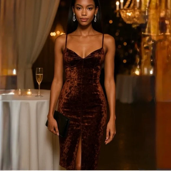 WeWoreWhat x Revolve Crushed Velvet Midi Slip Bodycon Dress Brown Size M - Picture 5 of 14